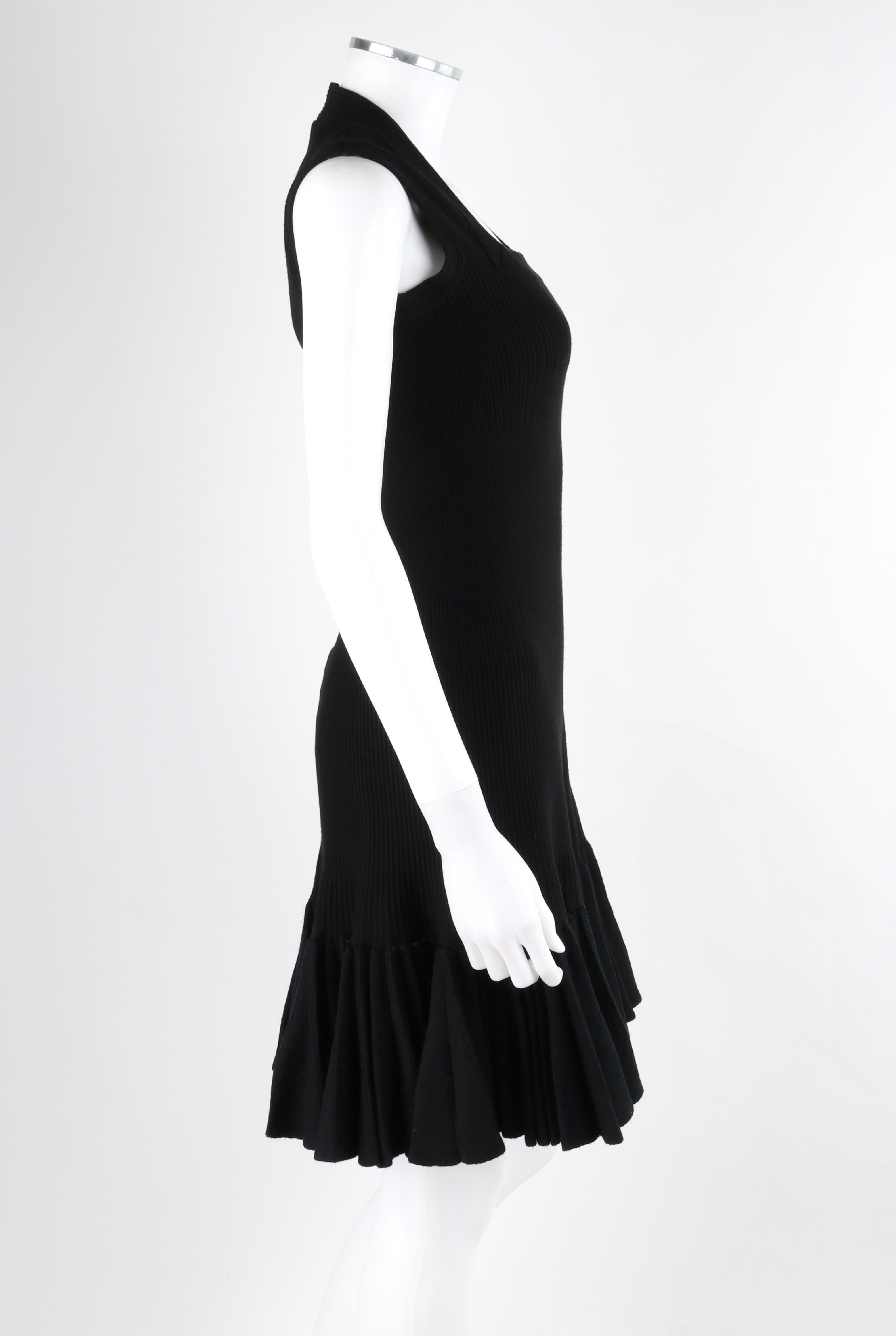 Women's ALAIA Paris c.2010 Black Wool Ribbed Knit Pleated Hem Fit & Flare Mini Dress For Sale