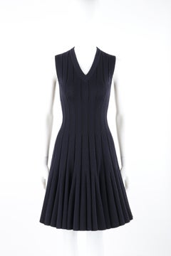 ALAIA Paris c.2010 Navy Blue Pleated Knit Sleeveless Fit & Flare Skater Dress 36