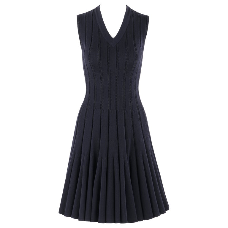 ALAIA Paris c.2010 Navy Blue Pleated Knit Sleeveless Fit and Flare Skater  Dress 36 For Sale at 1stDibs