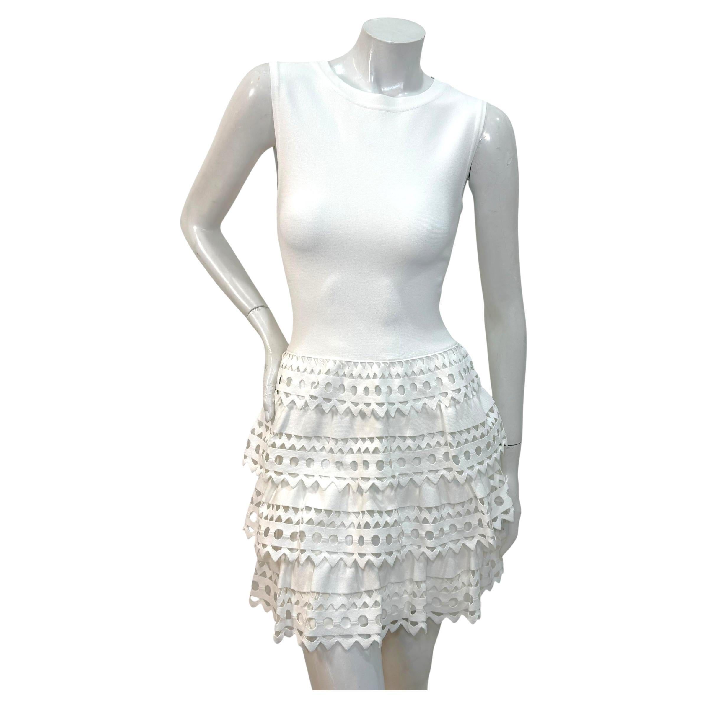 Alaïa Paris Sculptural White Laser-Cut Ruffle Mini Dress FR 38 Circa 2010s
