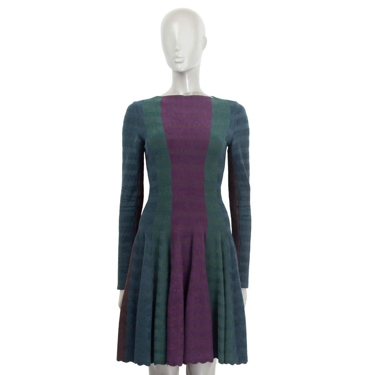 Black ALAIA petrol & purple viscose & wool COLOR BLOCK FLARED Dress 38 S For Sale