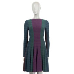 Vintage ALAIA petrol & purple viscose & wool COLOR BLOCK FLARED Dress 38 S