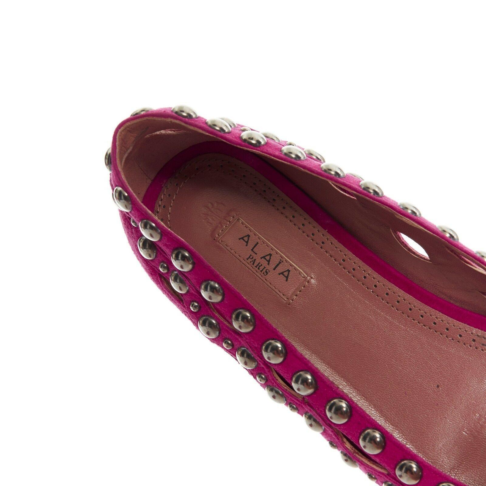 ALAIA pink suede silver studded cut out round toe ballerina flat shoes EU38 US8 2