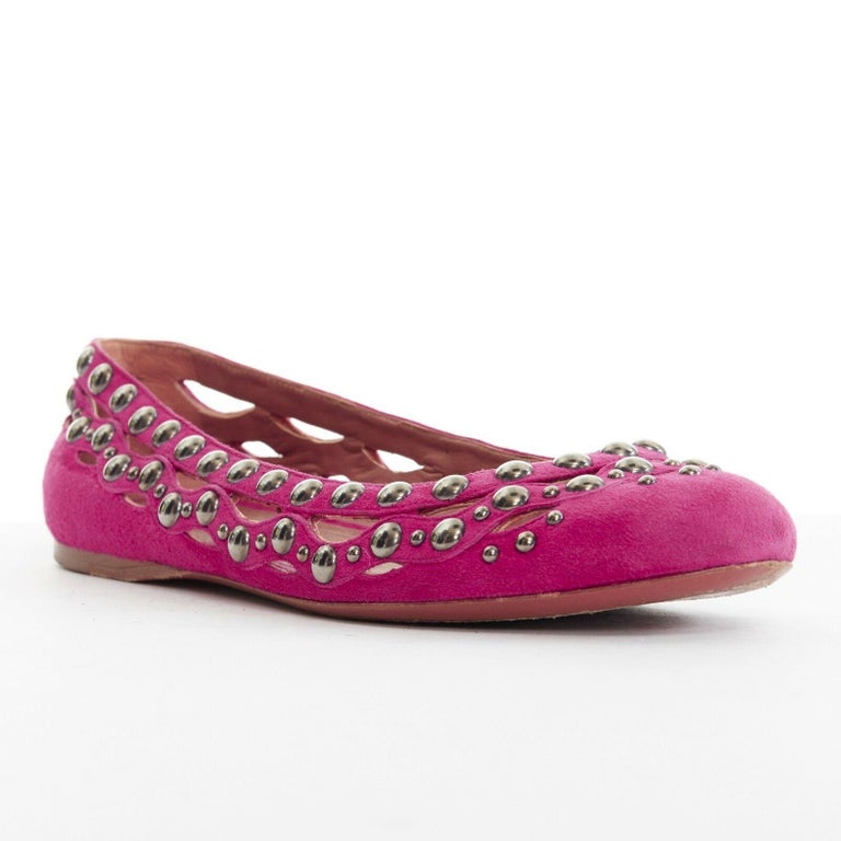 ALAIA pink suede silver studded cut out round toe ballerina flat shoes ...