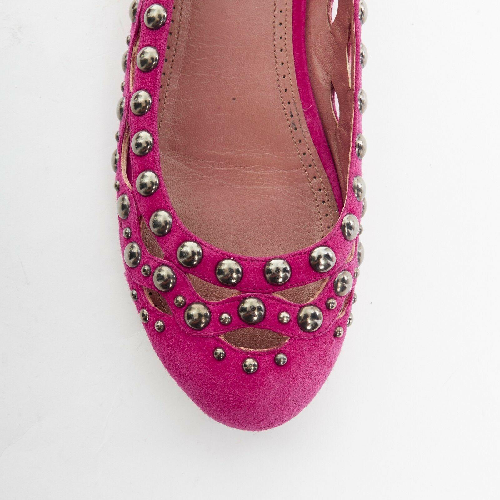 ALAIA pink suede silver studded cut out round toe ballerina flat shoes EU38 US8 In Excellent Condition In Hong Kong, NT