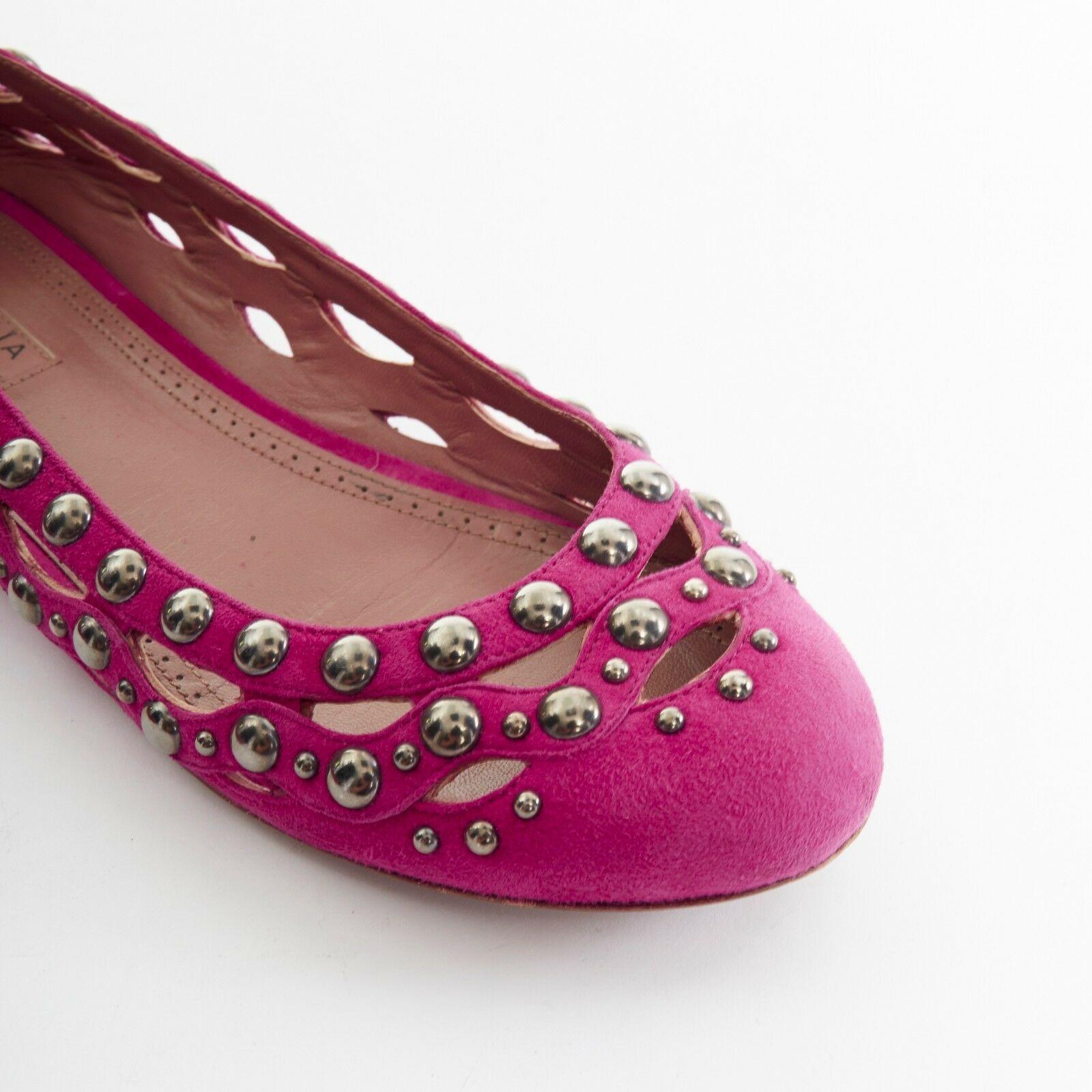 Women's ALAIA pink suede silver studded cut out round toe ballerina flat shoes EU38 US8