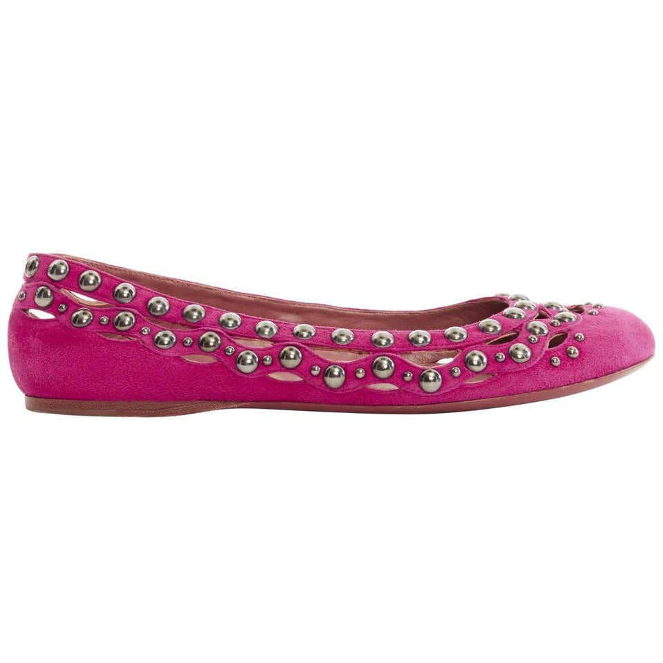 ALAIA pink suede silver studded cut out round toe ballerina flat shoes ...