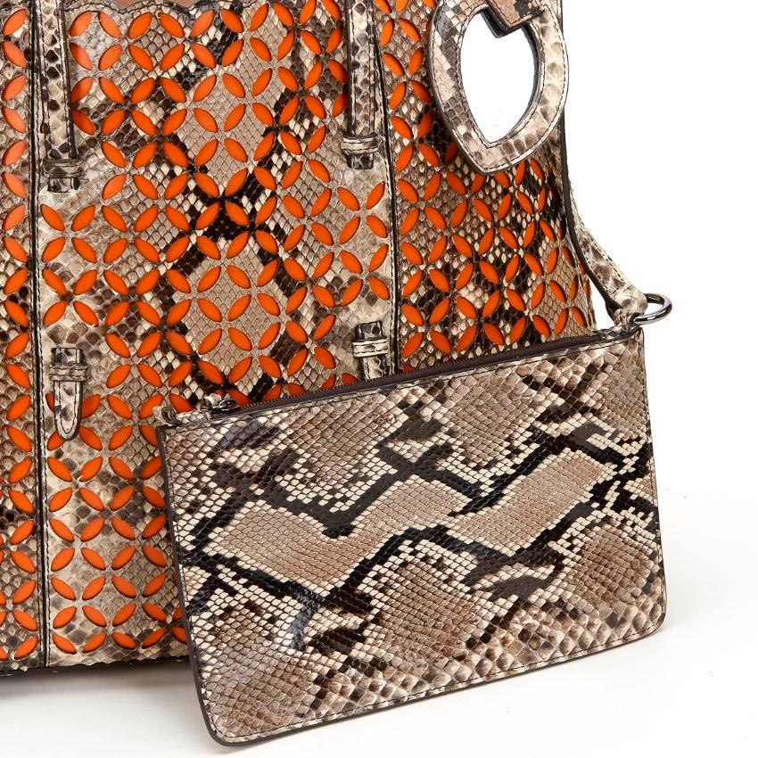 Alaia Python Leather & Orange Calfskin Leather Perforated Shopper  In Good Condition For Sale In London, GB
