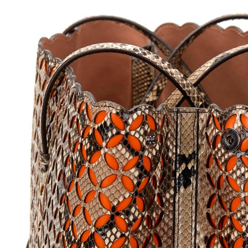 Alaia Python Leather & Orange Calfskin Leather Perforated Shopper  For Sale 1