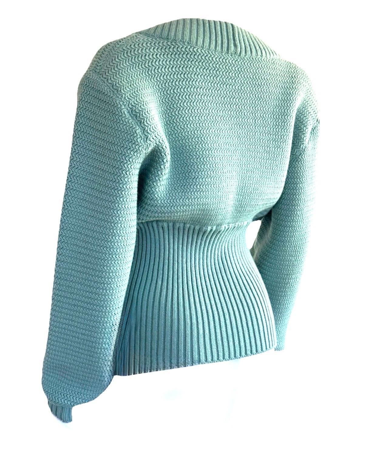 ALAÏA Rare Runway F/W 1986 Bleu turquoise Cardigan en maille côtelée Zip Sweater Excellent état - En vente à Woodland Hills, CA