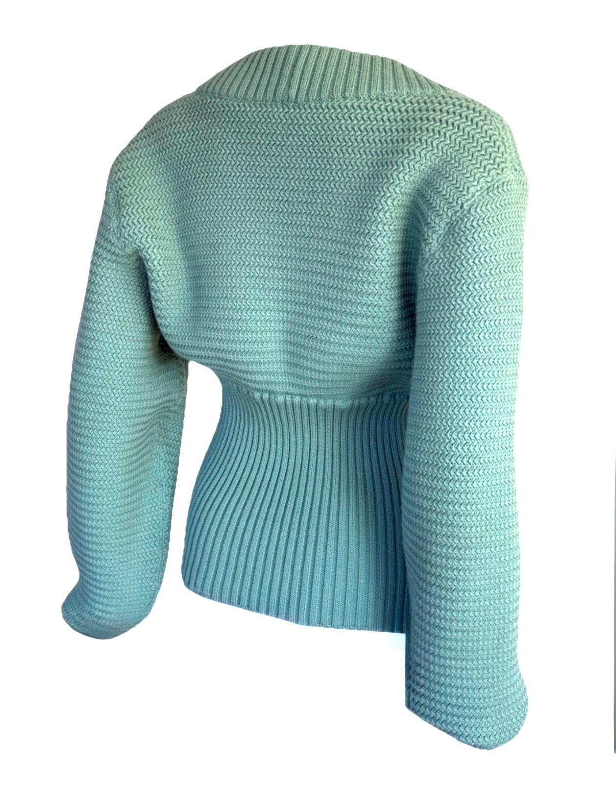 ALAÏA Rare Runway F/W 1986 Bleu turquoise Cardigan en maille côtelée Zip Sweater Pour femmes en vente