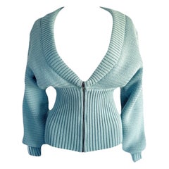 ALAÏA Rare Runway F/W 1986 Bleu turquoise Cardigan en maille côtelée Zip Sweater