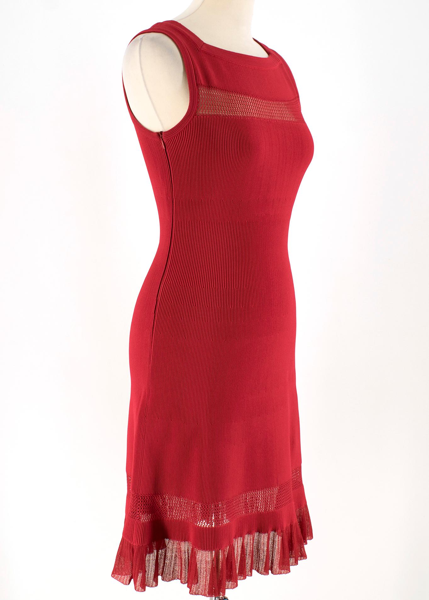 Alaia Red Fine Mesh Cut-Out Sleeveless Knit Dress

- Red, stretch fabric
- Sleeveless
- Fine Mesh cutouts to hem and bust 
- Ruffle laced hem 
- Fitted
- Concealed zip fastening at the left side
- Square neckline
- 80% viscose, 16% polyester, 4%
