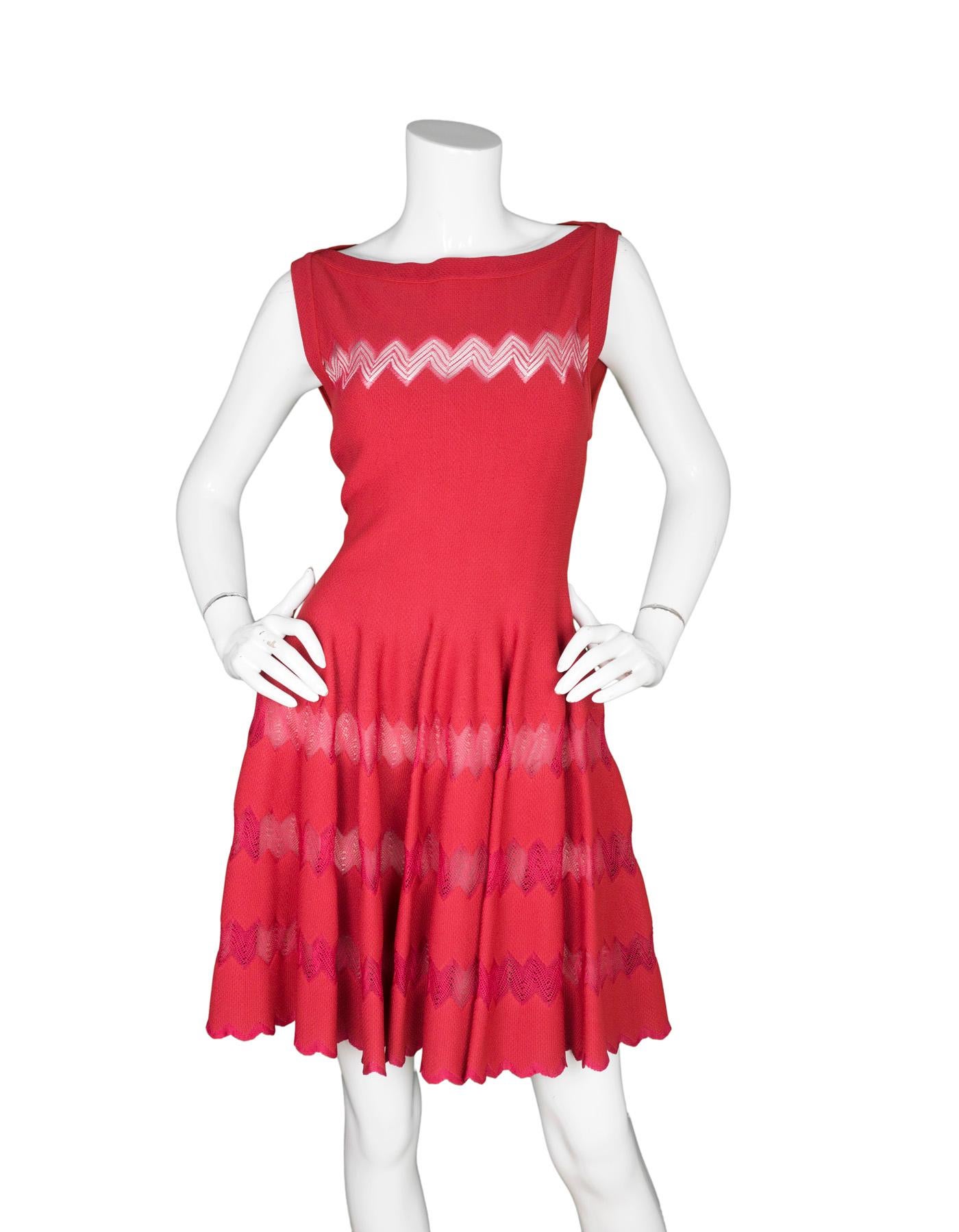 Alaia Red Fit Flare Sleeveless Zig Zag Mesh Dress sz FR 44

Made In: Italy
Color: Red
Materials: 50% viscose, 40% silk, 10% polyester
Lining: Nude, 100% silk
Opening/Closure: Back center zip up closure
Overall Condition: Excellent pre-owned