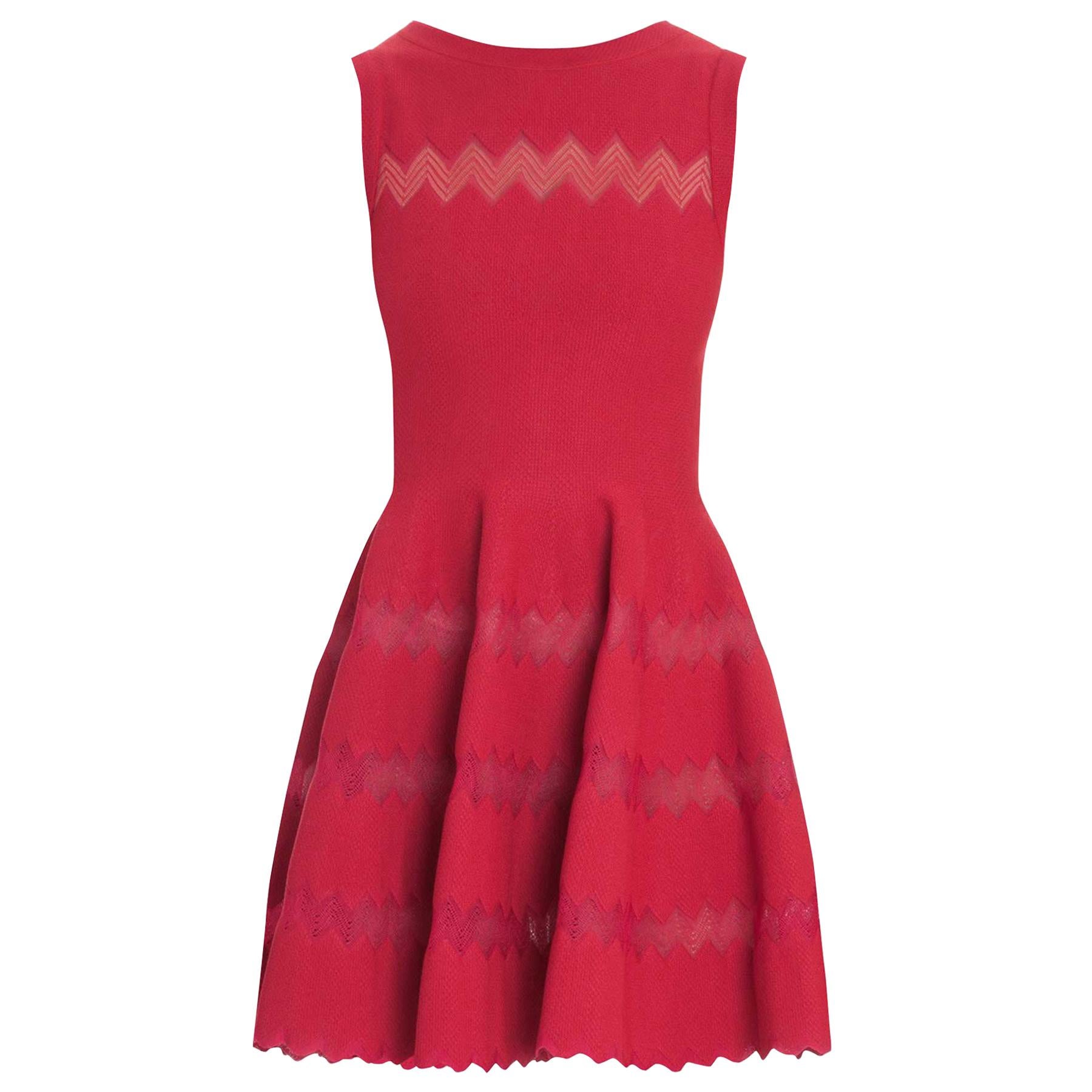 Alaia Red Fit Flare Sleeveless Zig Zag Mesh Dress sz FR 44 For Sale