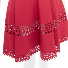 ALAIA red laser cut out cap sleeves wide round neck fit flared dress FR38 M
