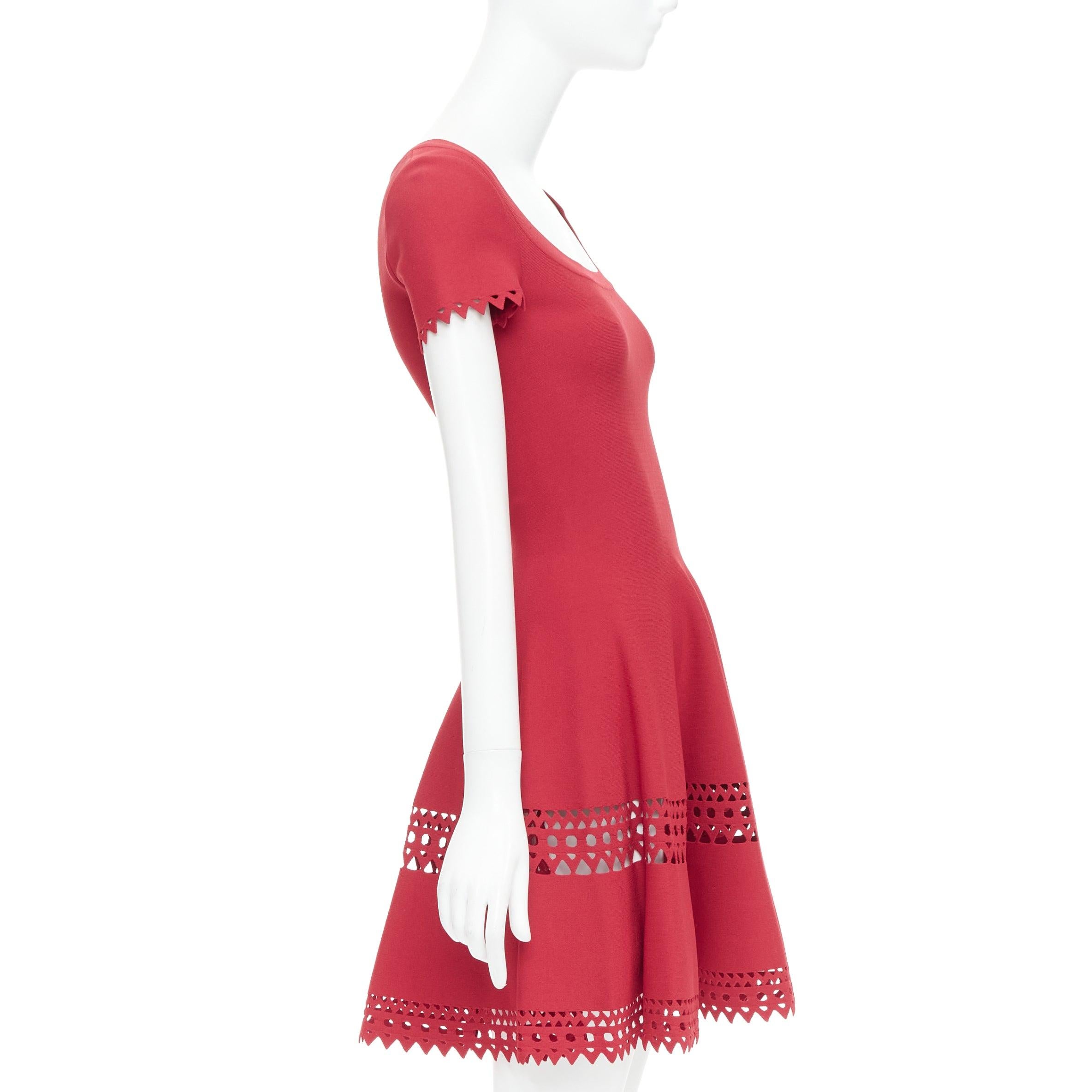 ALAIA red laser cut out cap sleeves wide round neck fit flared dress FR38 M In Excellent Condition For Sale In Hong Kong, NT