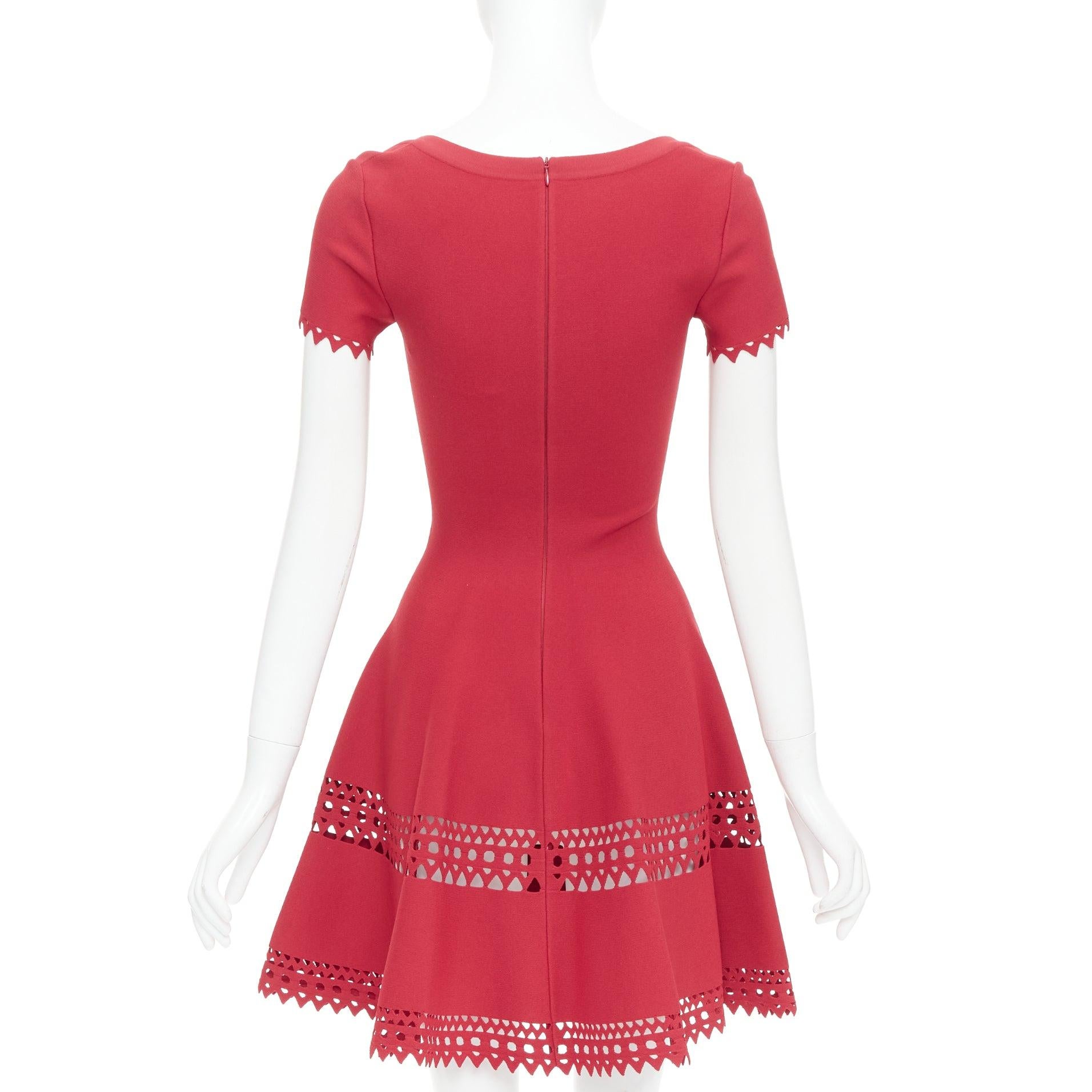 Women's ALAIA red laser cut out cap sleeves wide round neck fit flared dress FR38 M For Sale
