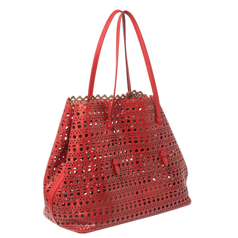 Women's Alaia Red Lasercut Leather Mina Tote