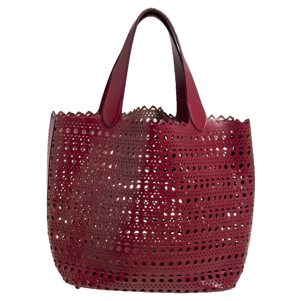 Brown Alaia Red Leather Laser Cut Tote