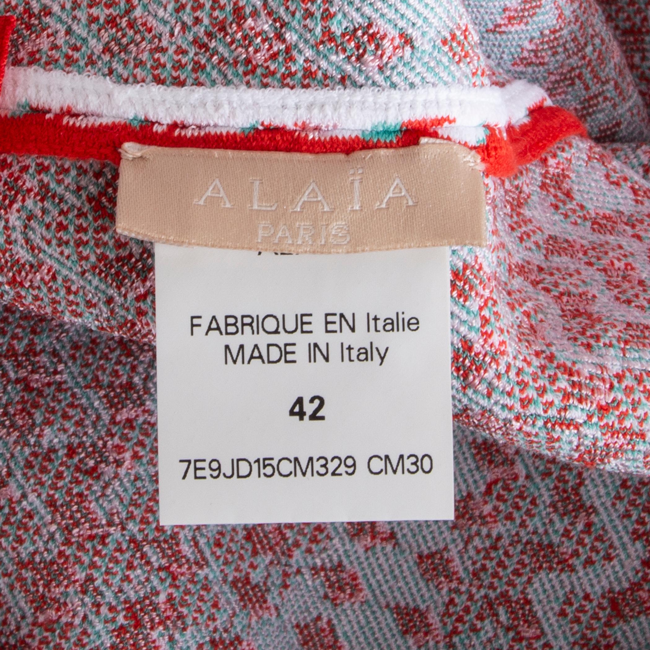 ALAIA red & pink viscose OPTIC JACQUARED KNIT A-LINE Skirt 42 L In Excellent Condition In Zürich, CH