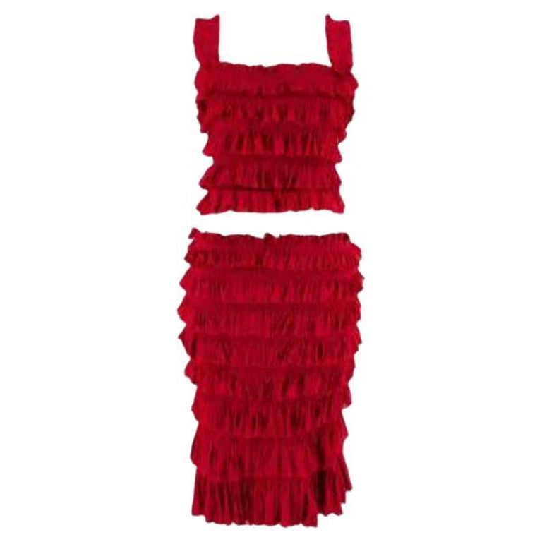 Alaia Red Ruffled Knit Cutout Sleeveless Top and Skirt For Sale at 1stDibs