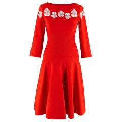 Alaia Red Stretch Knit Floral Embroidered Skater Dress - Size XS