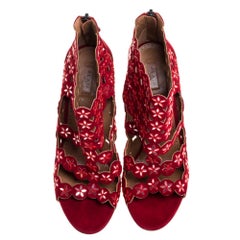 Alaia Red Suede Leather Mirror Embellished Laser Cut Out Open Toe Size 40