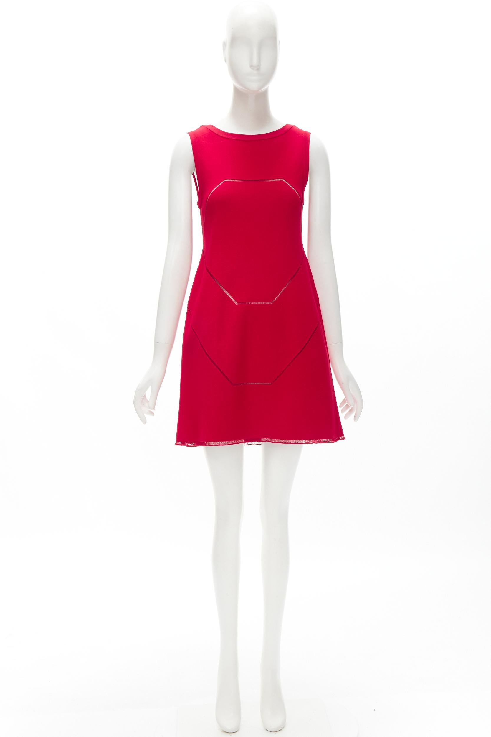 ALAIA red viscose knit geometric lattice seam sleeveless A-line dress FR38 S For Sale 4