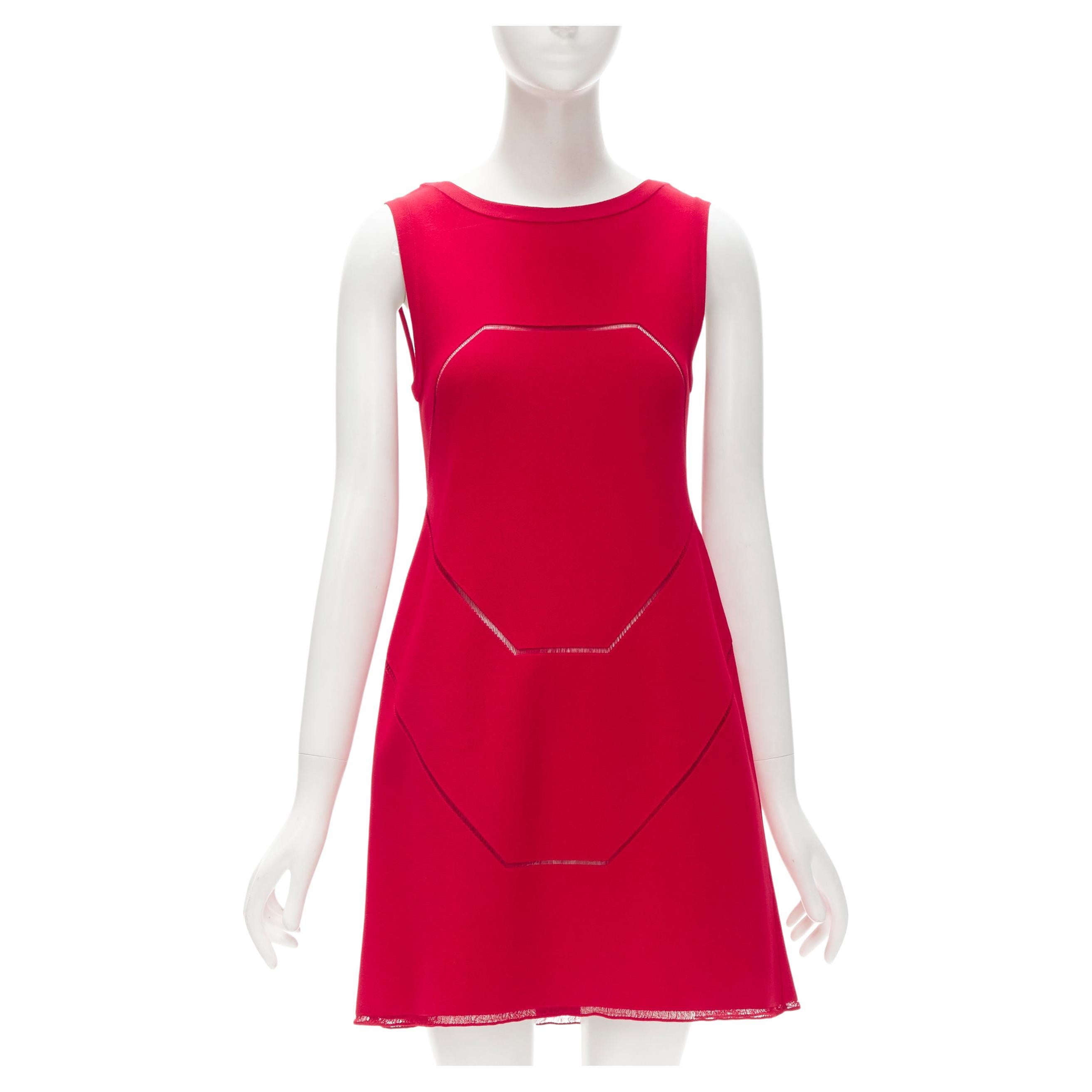 ALAIA red viscose knit geometric lattice seam sleeveless A-line dress FR38 S For Sale