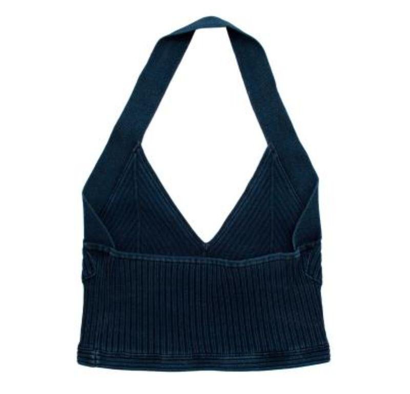 Ribbed Denim Knit Crop Top
-soft, stretchy ribbed-knit denim
-form-fitting
-halter neck

Material
-93% cotton, 
-6% polyamide, 
-1% elastane

Washing
-dry clean

MADE IN ITALY

PLEASE NOTE, THESE ITEMS ARE PRE-OWNED AND MAY SHOW SIGNS OF BEING