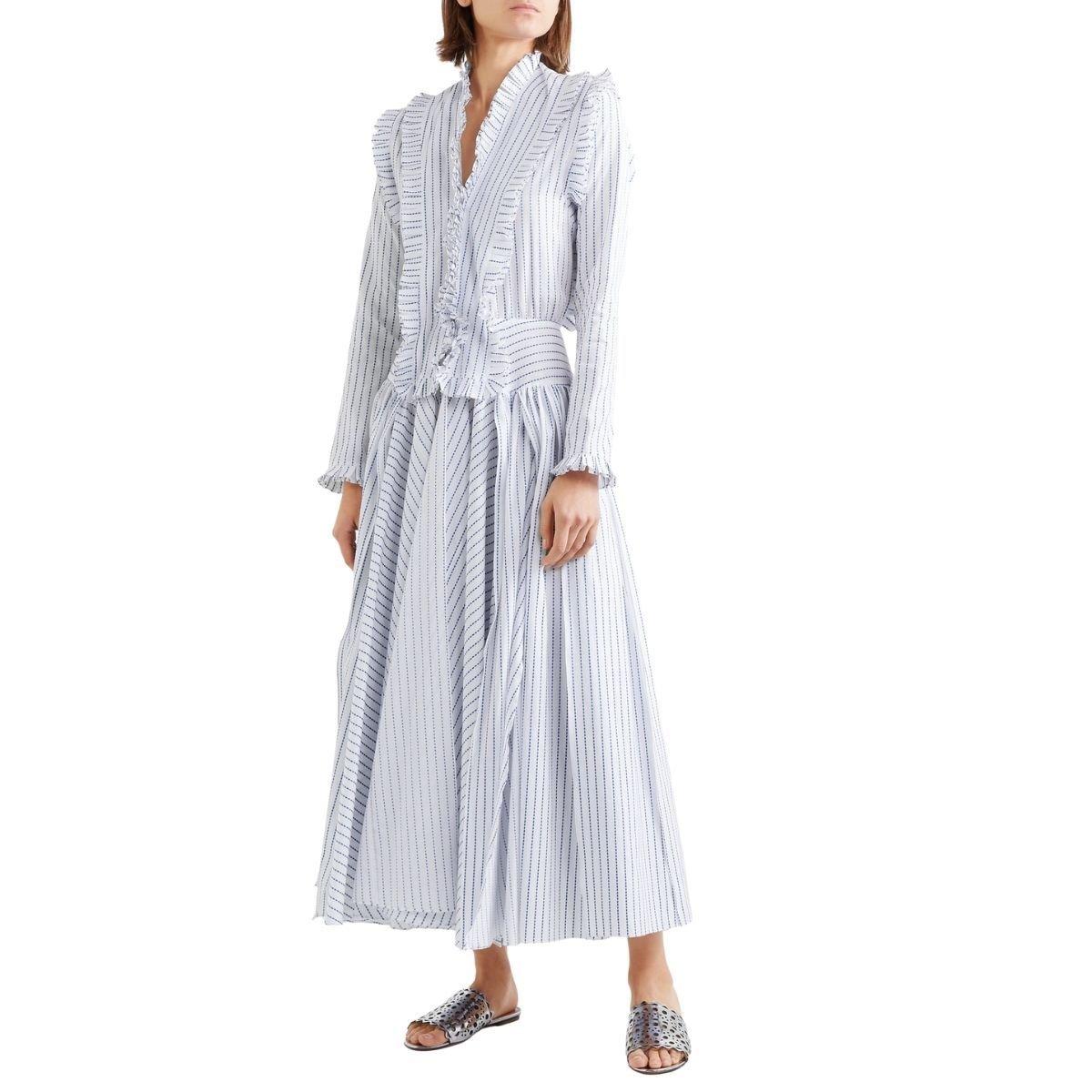 Alaia Ruffled Striped Cotton Maxi Dress FR40 For Sale 1