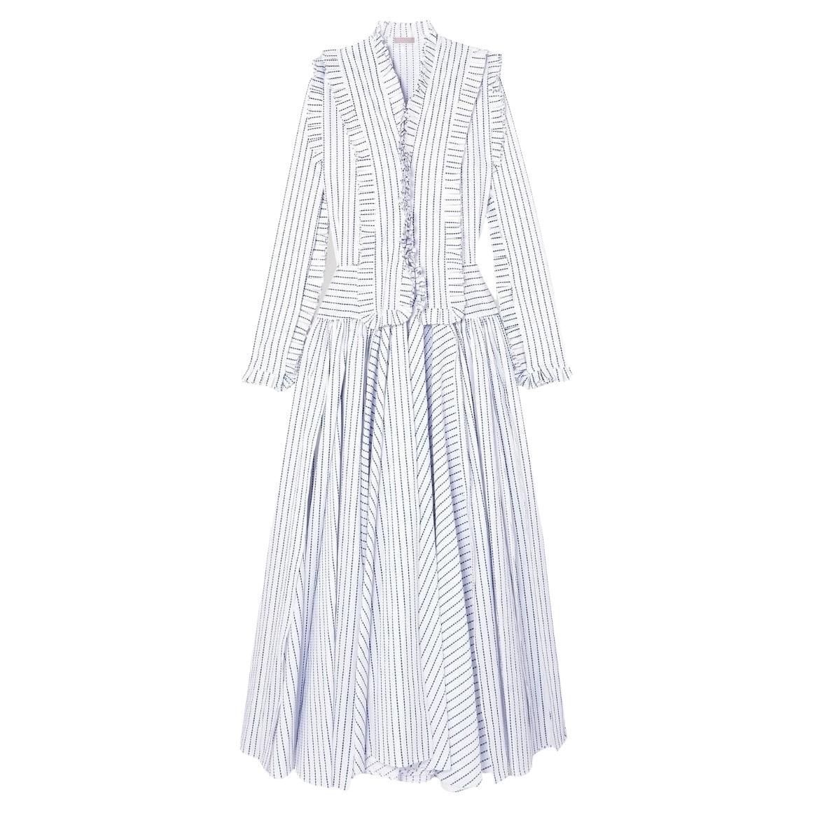 Alaia Ruffled Striped Cotton Maxi Dress FR40 For Sale
