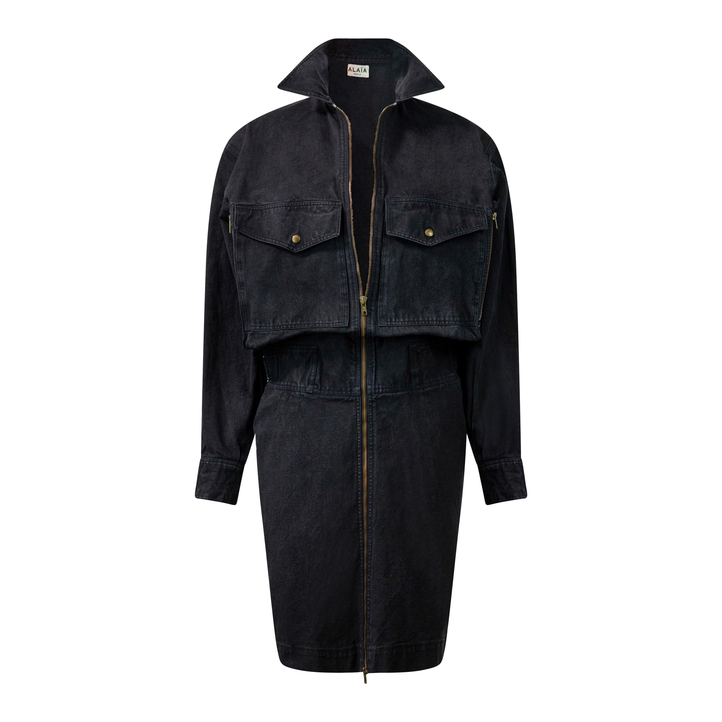 ALAÏA S/S 1986 Vintage Runway Denim Zipper Dress With Pockets