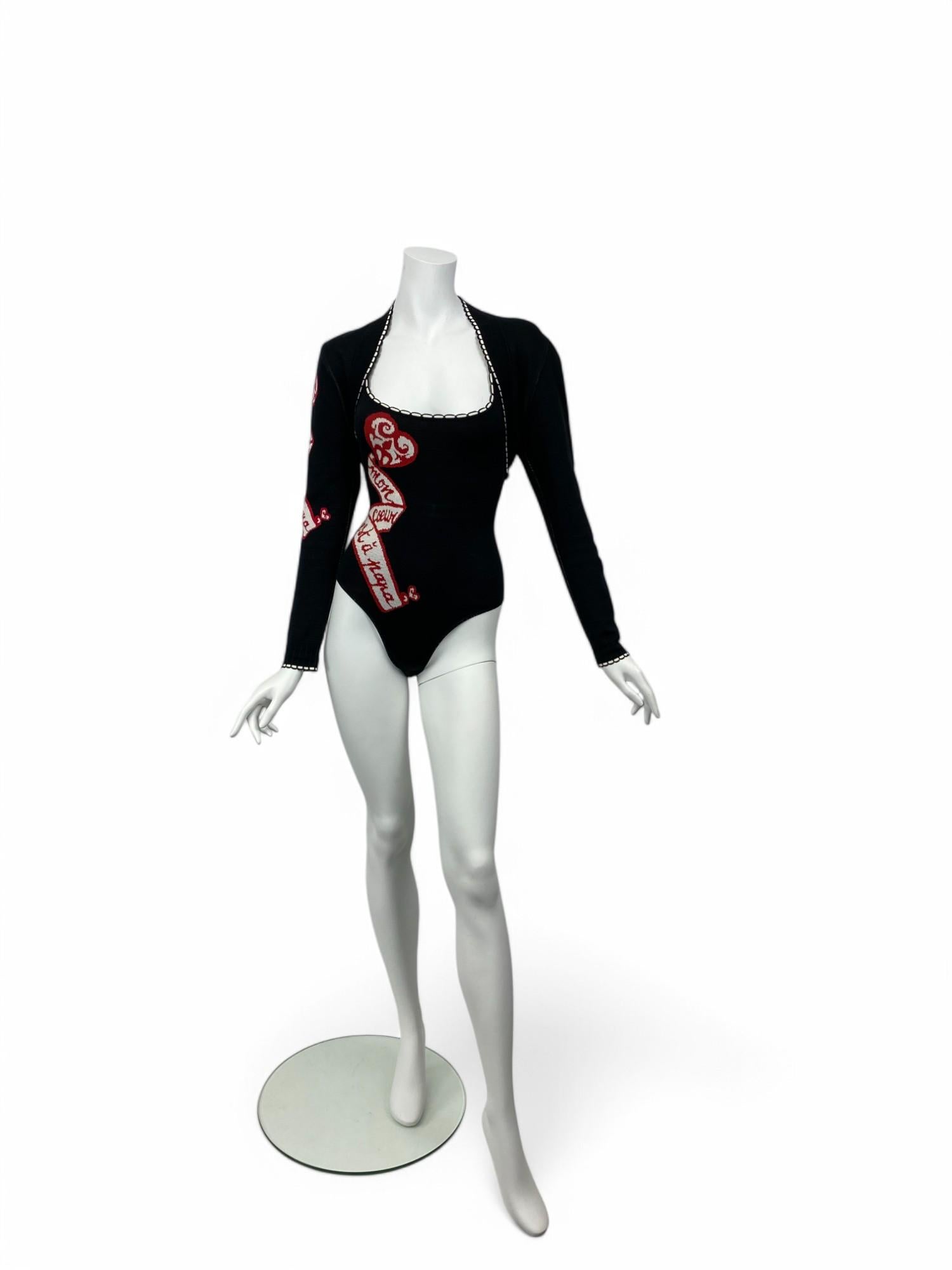 Alaïa S/S 1992 “Mon Coeur est à Papa” Knit Bodysuit Sz: S/M For Sale 2