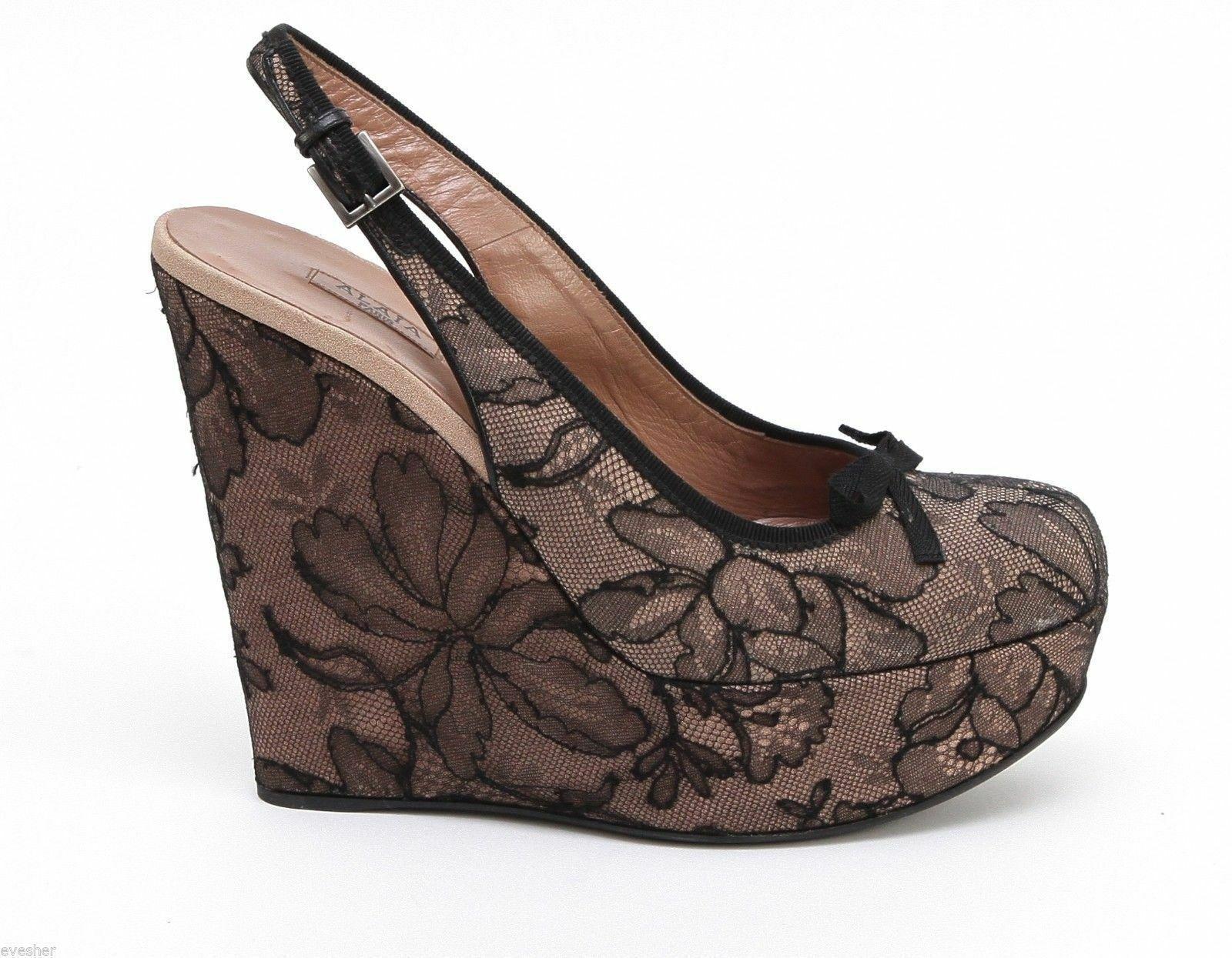 Sandales à plateforme Alaïa noires et nude en dentelle et cuir argenté, HW 39,5 Pour femmes en vente