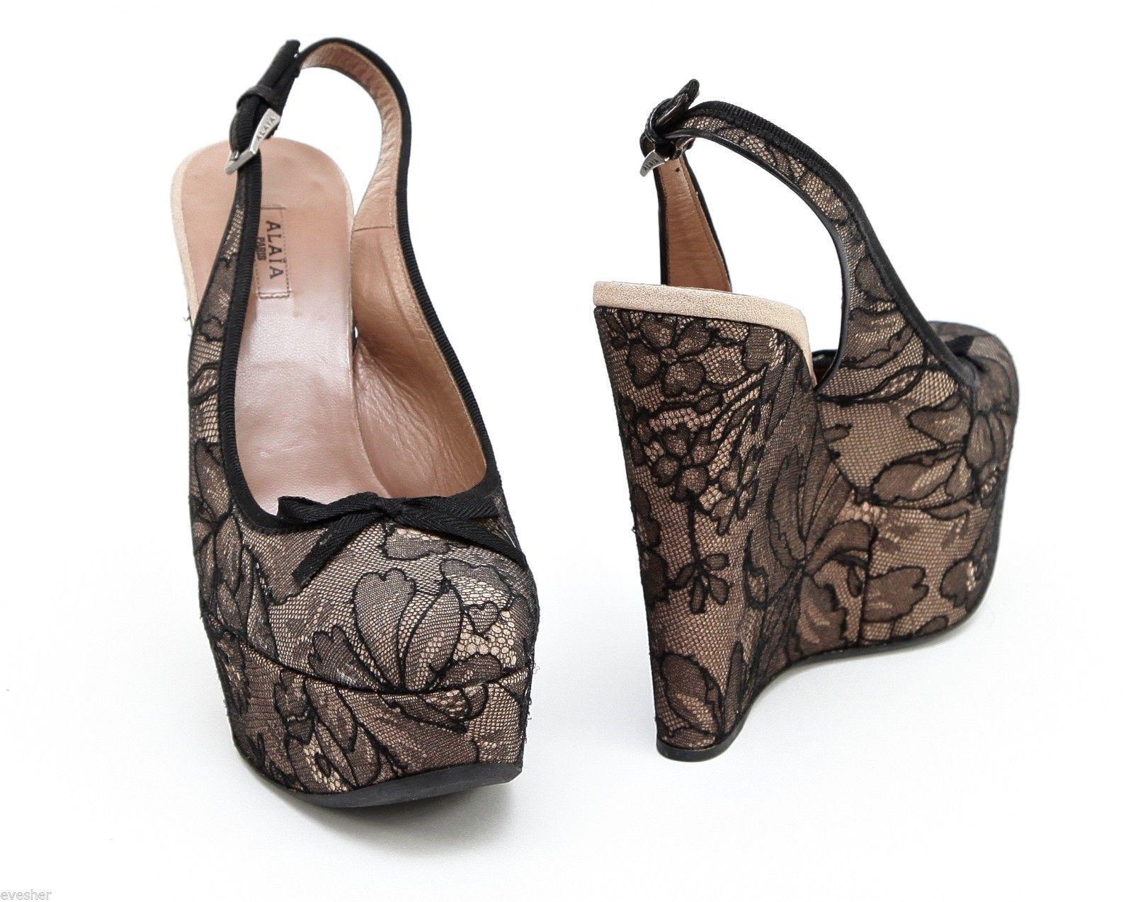Sandales à plateforme Alaïa noires et nude en dentelle et cuir argenté, HW 39,5 en vente 1