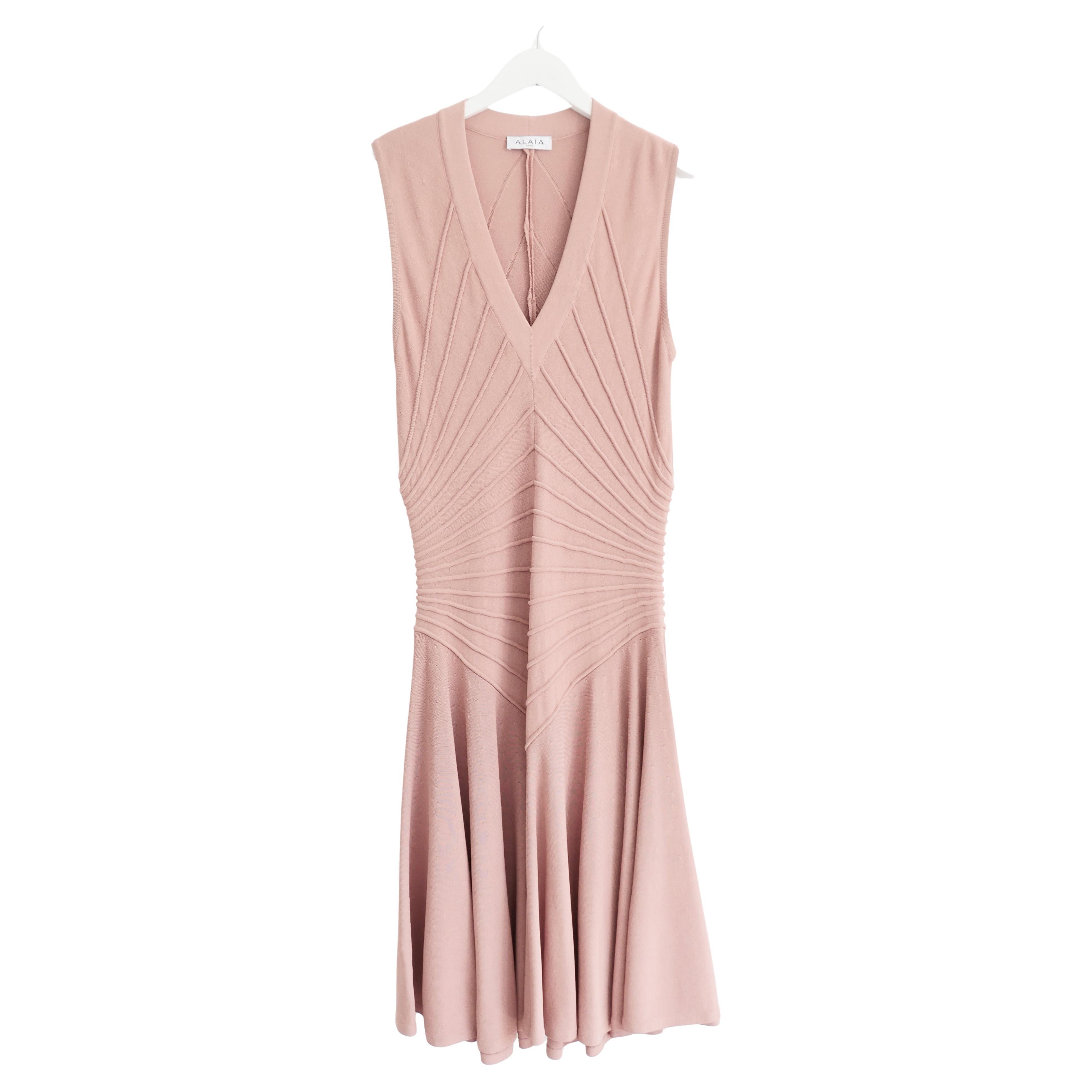 Alaia Sculpting Knit Nude Rose Fit & Flare Dress For Sale