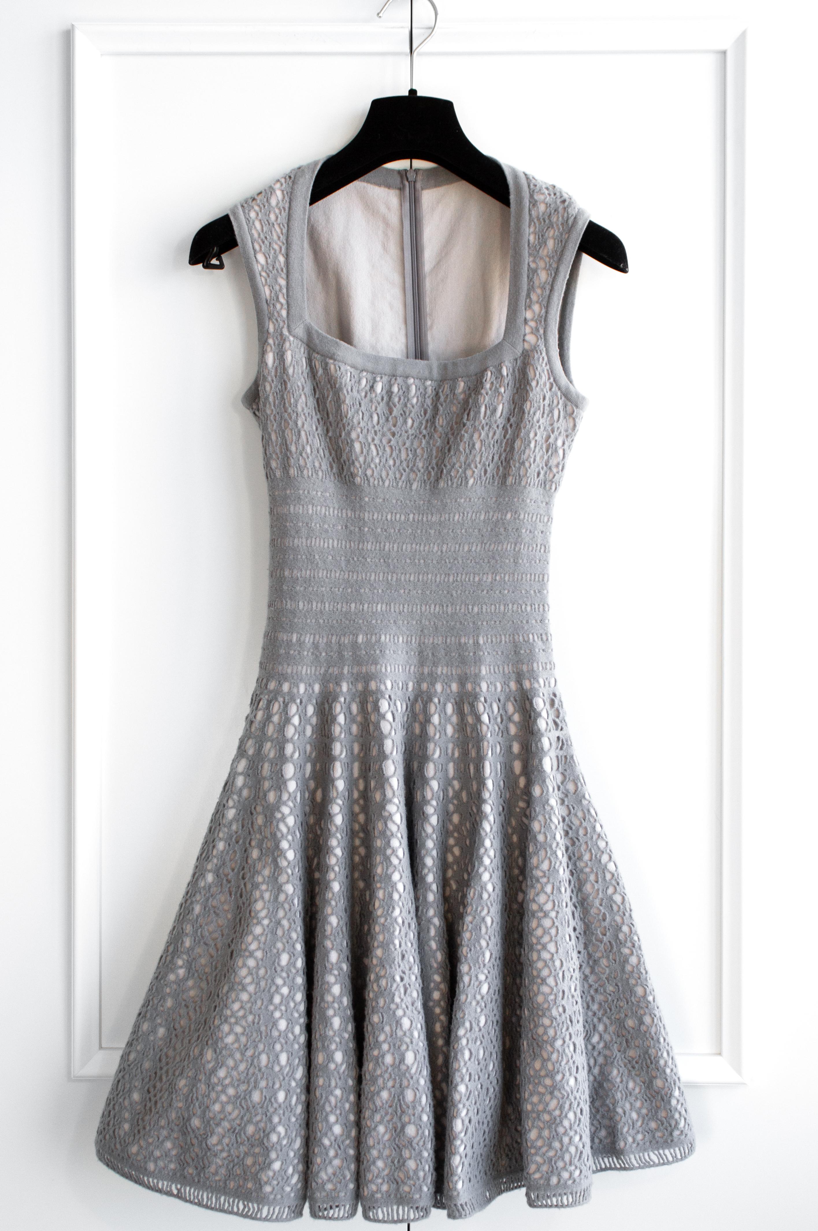 Alaia Silver Grey Square Neck Knit Perforated Fit Flare Dress For Sale 1