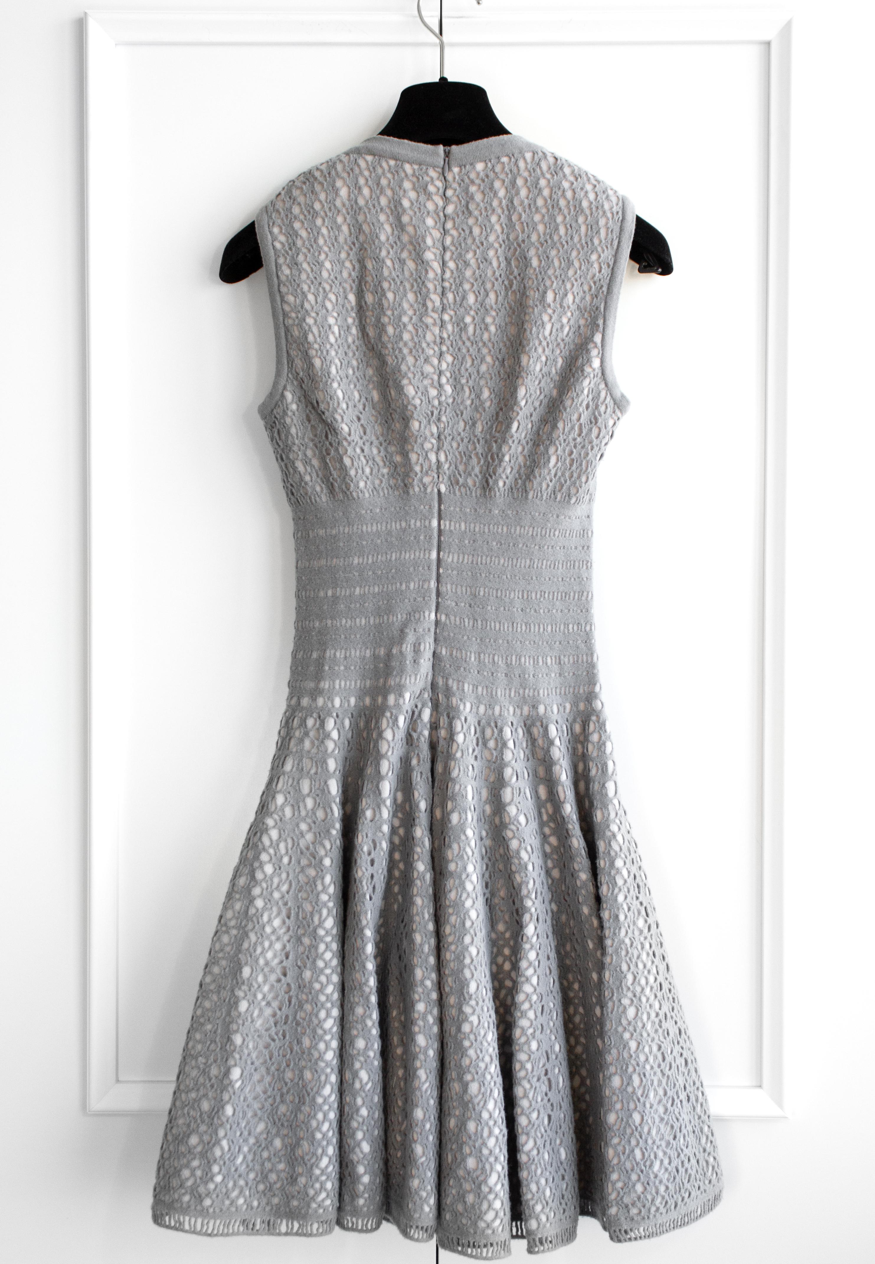 Alaia Silver Grey Square Neck Knit Perforated Fit Flare Dress For Sale 2