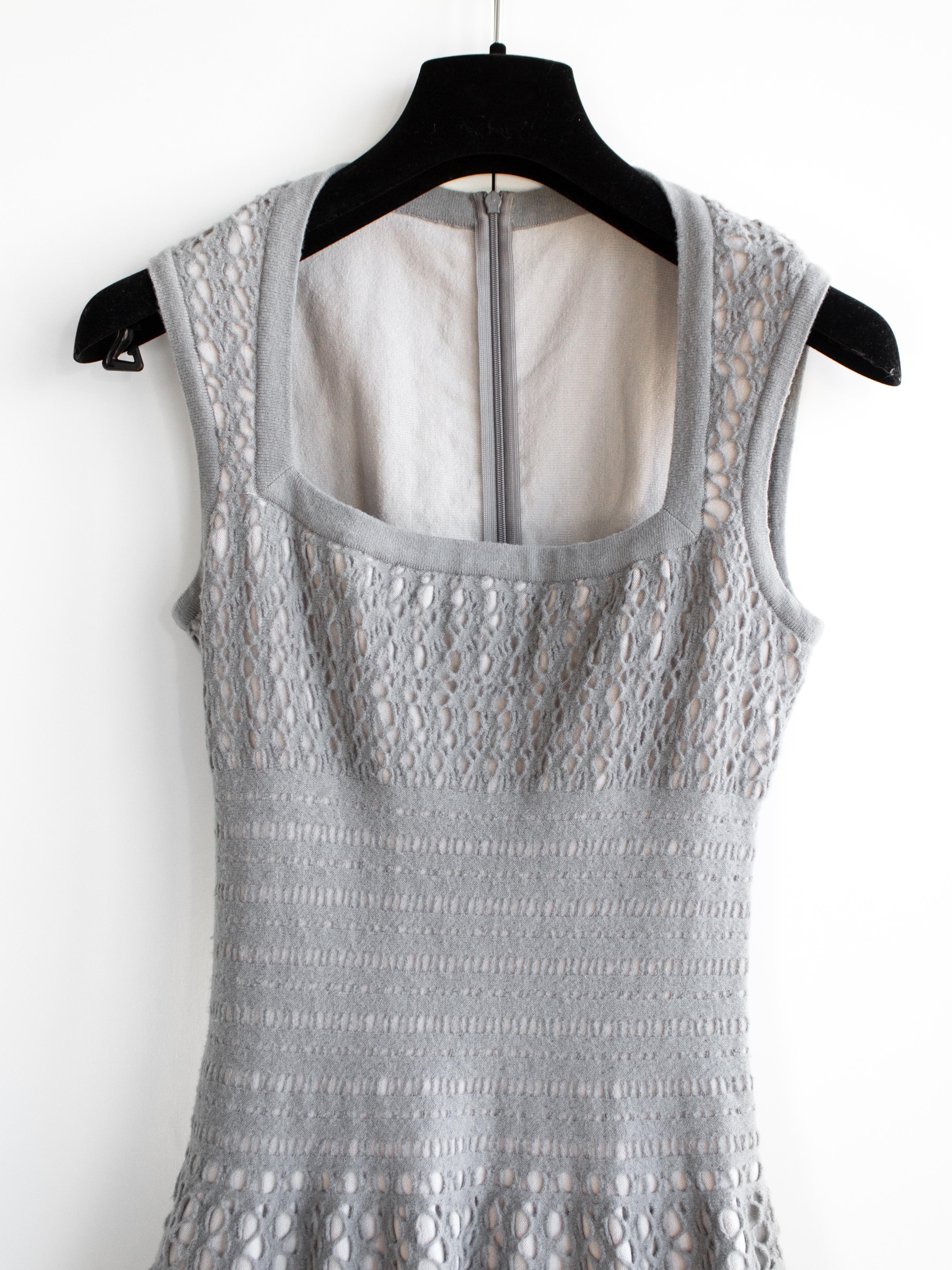 Alaia Silver Grey Square Neck Knit Perforated Fit Flare Dress For Sale 3