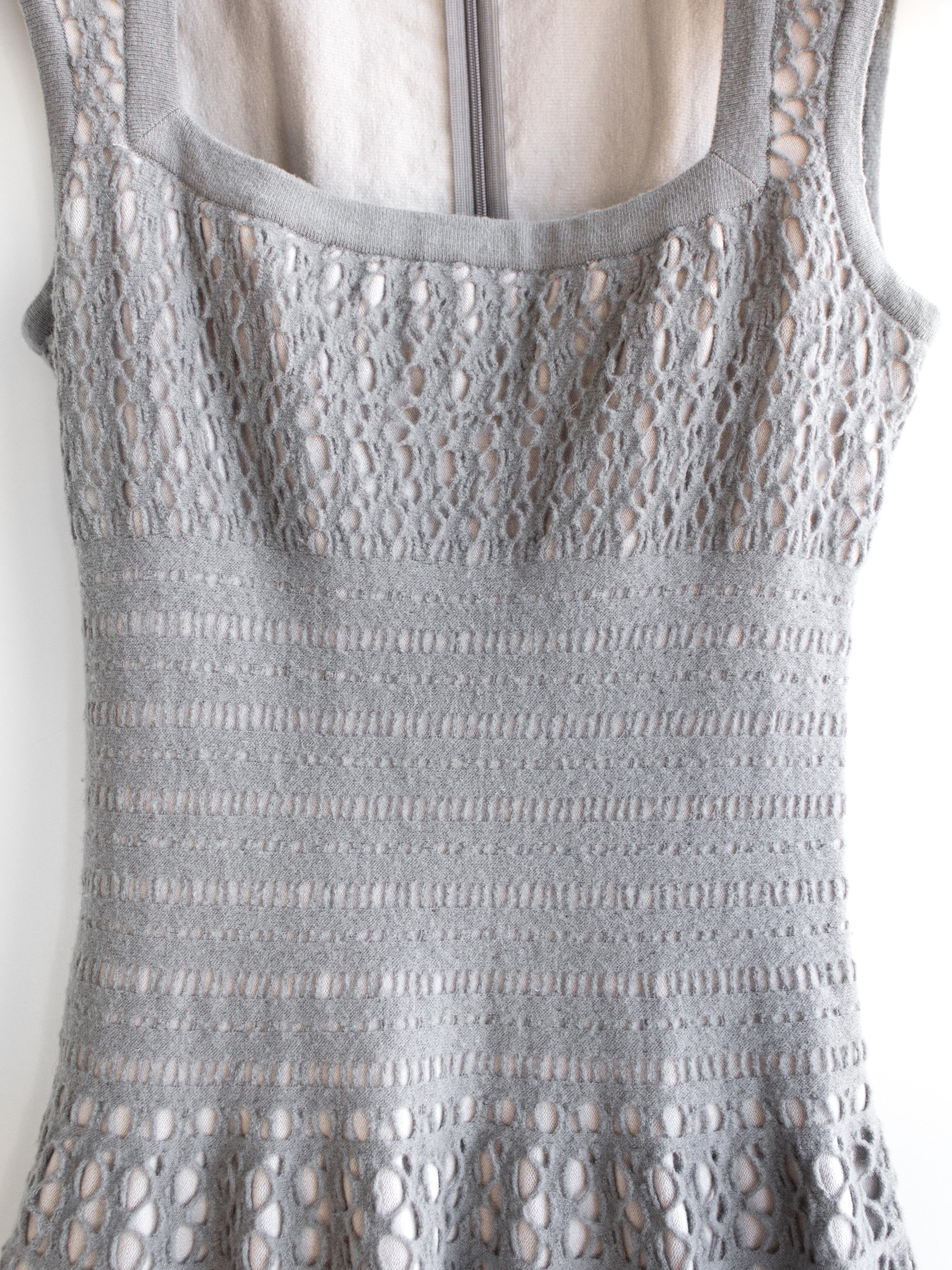 Alaia Silver Grey Square Neck Knit Perforated Fit Flare Dress For Sale 4