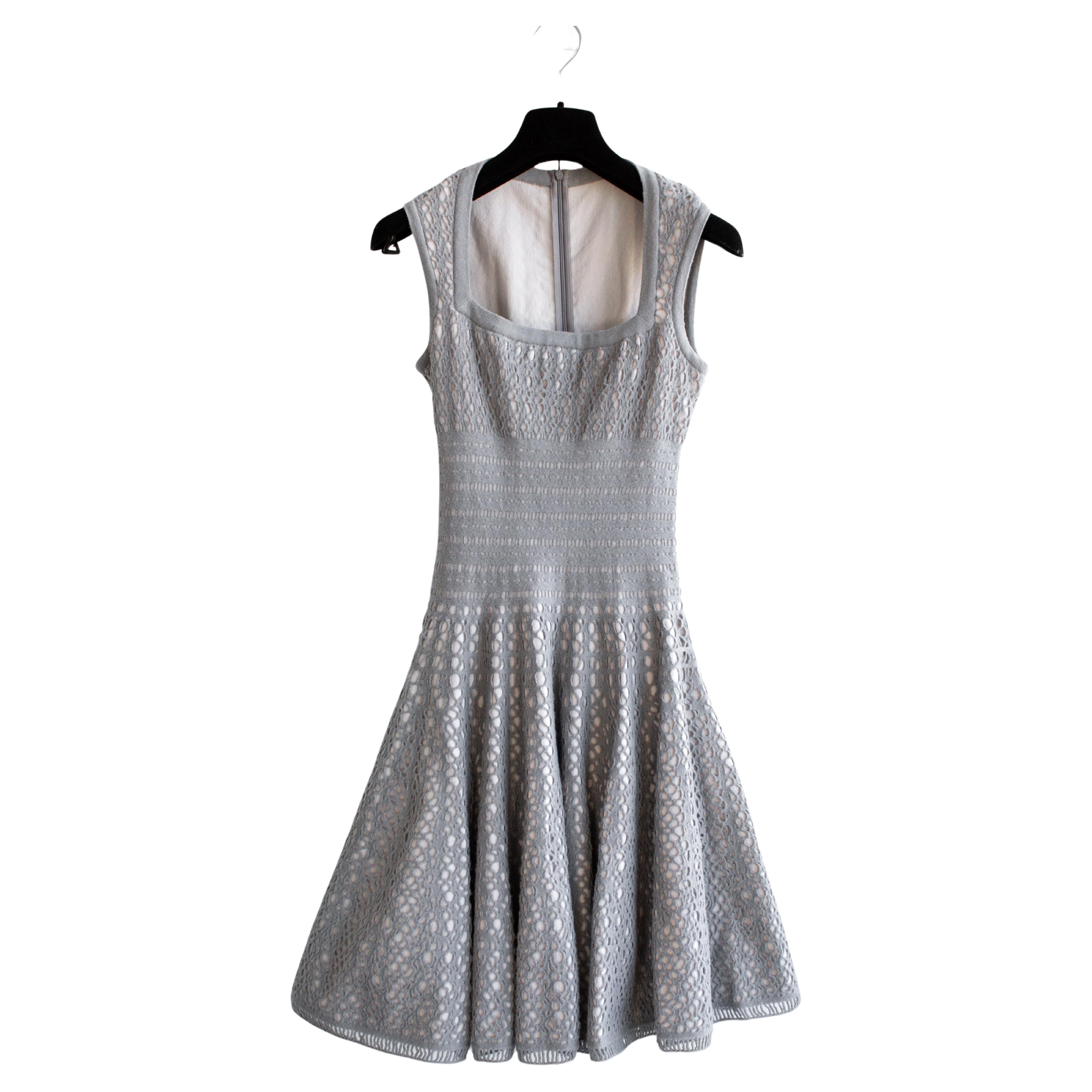 Alaia Silver Grey Square Neck Knit Perforated Fit Flare Dress For Sale