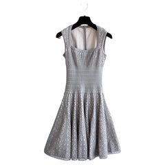 Alaia Silver Grey Square Neck Knit Perforated Fit Flare Dress
