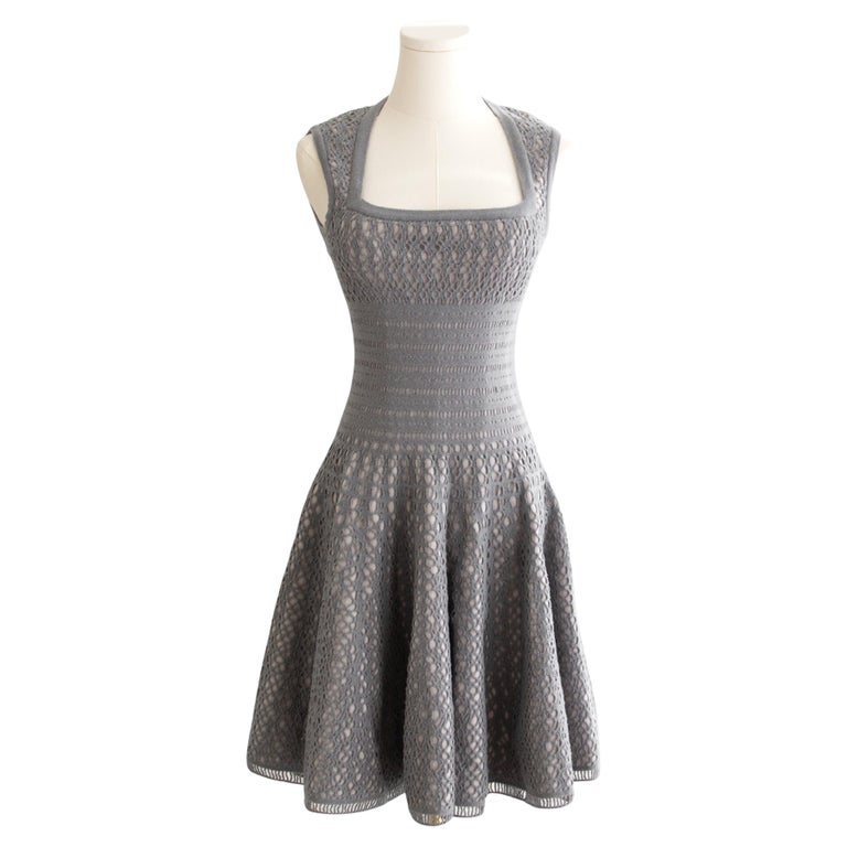 Alaia Silver Grey Square Neck Knit Perforated Fit Flare Dress For Sale at  1stDibs