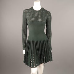 ALAIA Size 4 Green & Gray Wool Blend Mesh Pleated Skirt Long Sleeve Dress