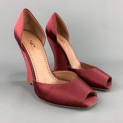ALAIA Size 8 Burgundy Silk Satin Peep Toe D'orsay Wedge Pumps
