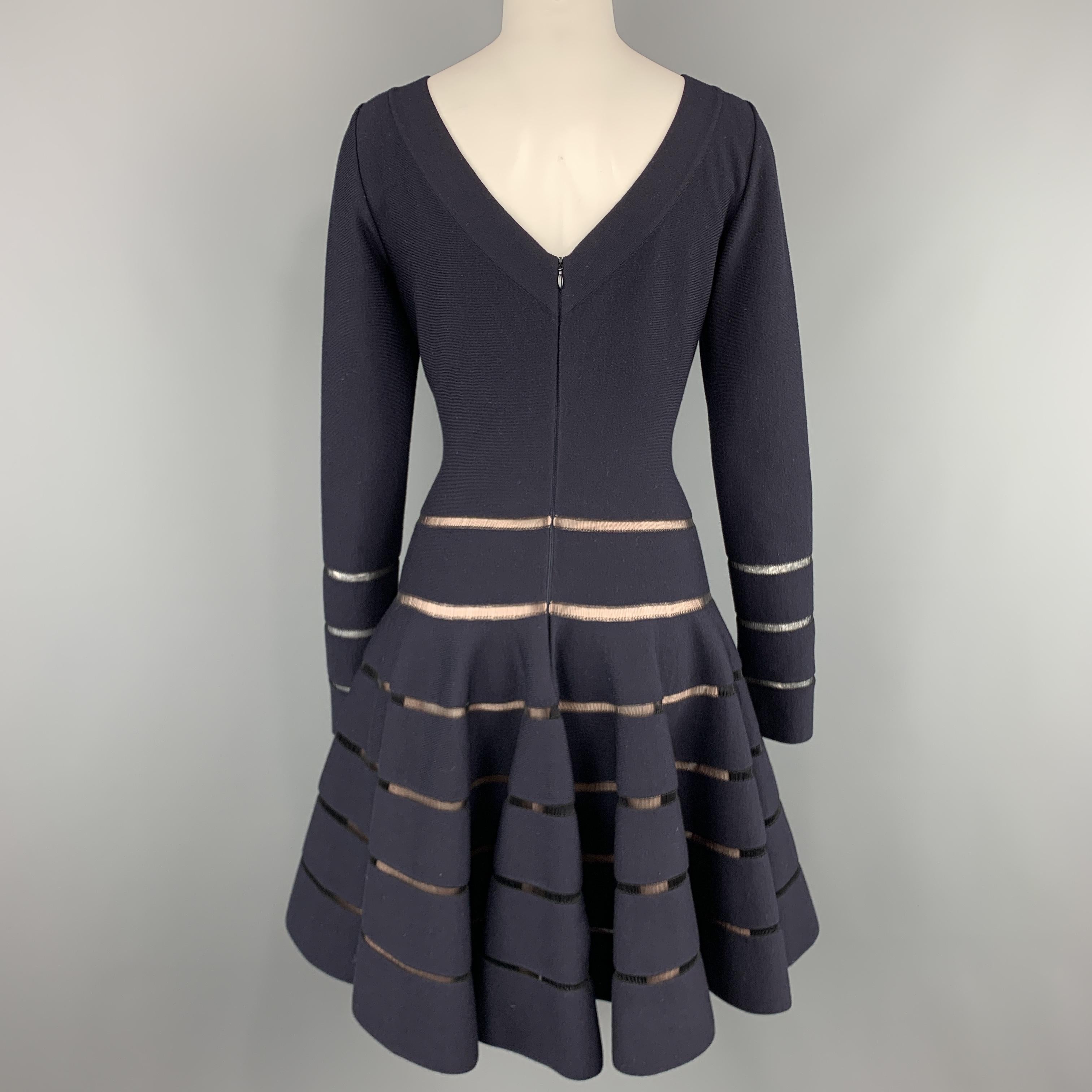Black ALAIA Size 8 Navy Stretch Wool Long Sleeve Stripe Dress