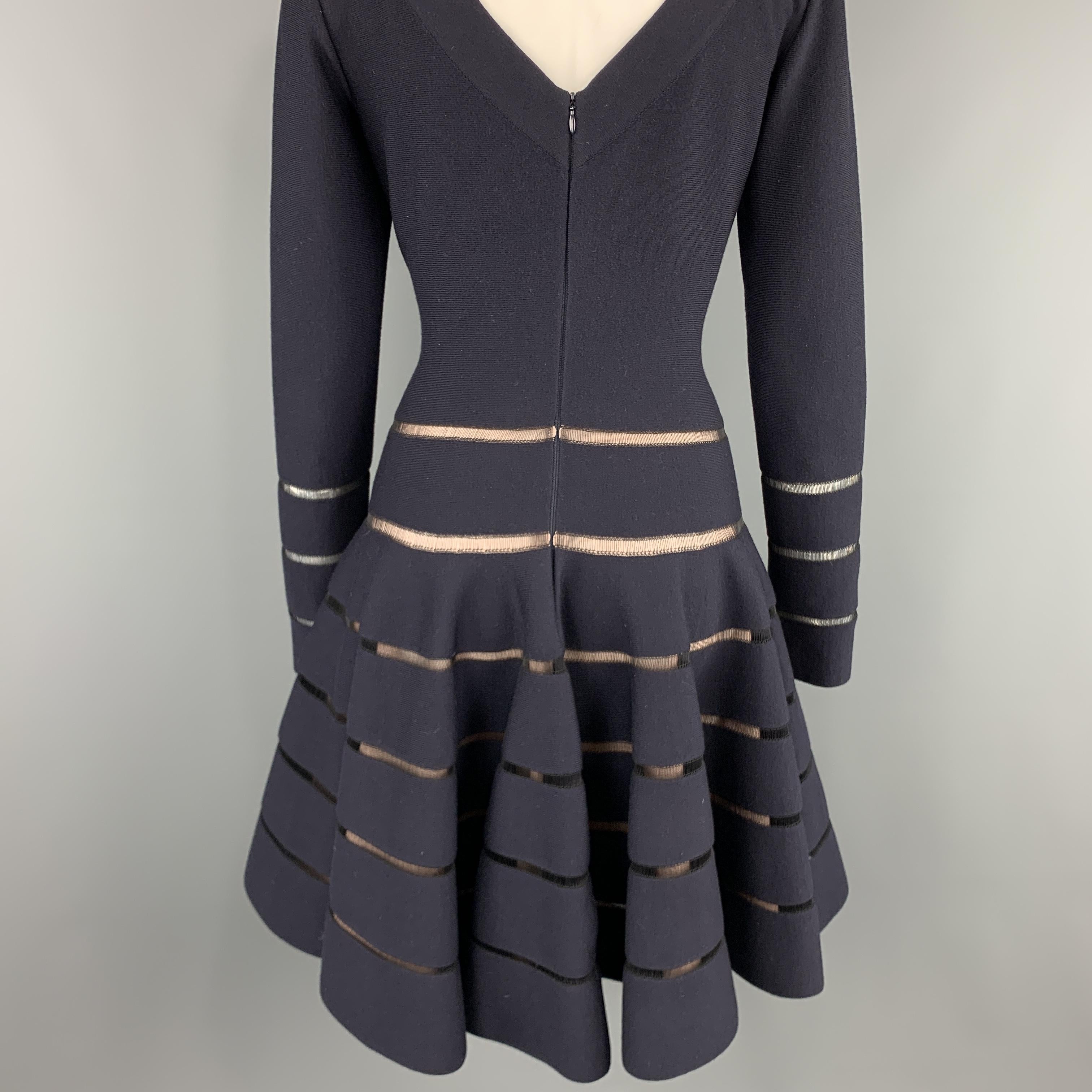 ALAIA Size 8 Navy Stretch Wool Long Sleeve Stripe Dress In Good Condition In San Francisco, CA