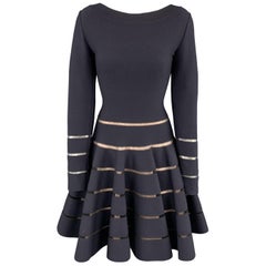 ALAIA Size 8 Navy Stretch Wool Long Sleeve Stripe Dress